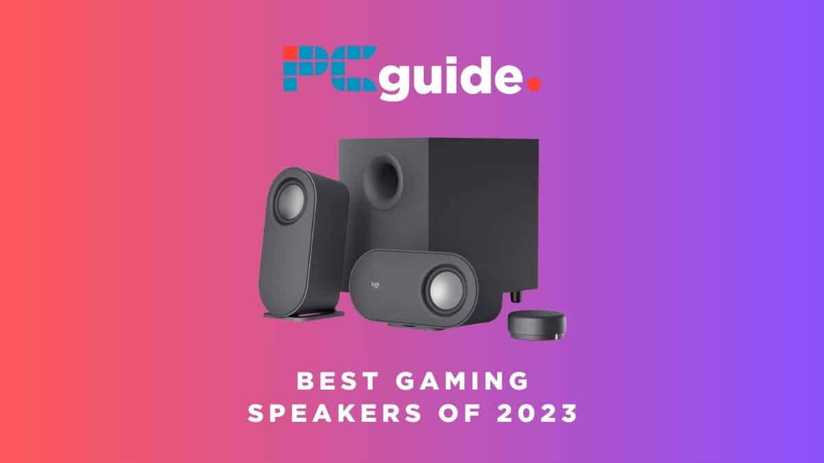 Best gaming speakers of 2023. Image shows the text "Best gaming speakers of 2023" underneath the Logitech Z407 on a red purple gradient background.
