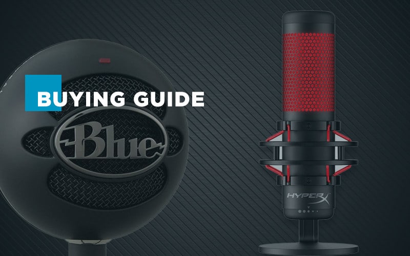 PC Guide's guide to the best microphone for streaming. Image shows the text "Buying Guide' on a background showing two microphones.