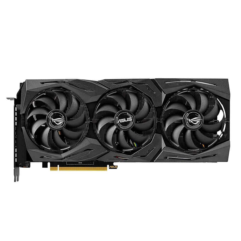 ASUS ROG STRIX GeForce RTX 2080TI triple-fan graphics card with heat sink and PCIe interface.