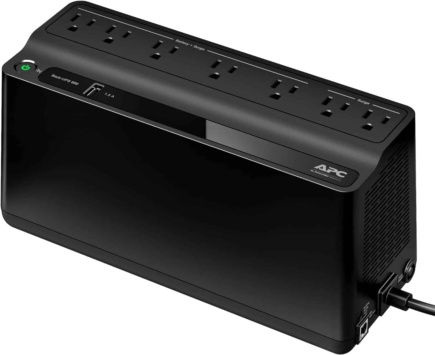 A black UPS Battery Backup with multiple outlets on top, labeled "APC" on the front, and a power cord connected on the right side. This 600VA unit ensures uninterrupted power for your essential devices.