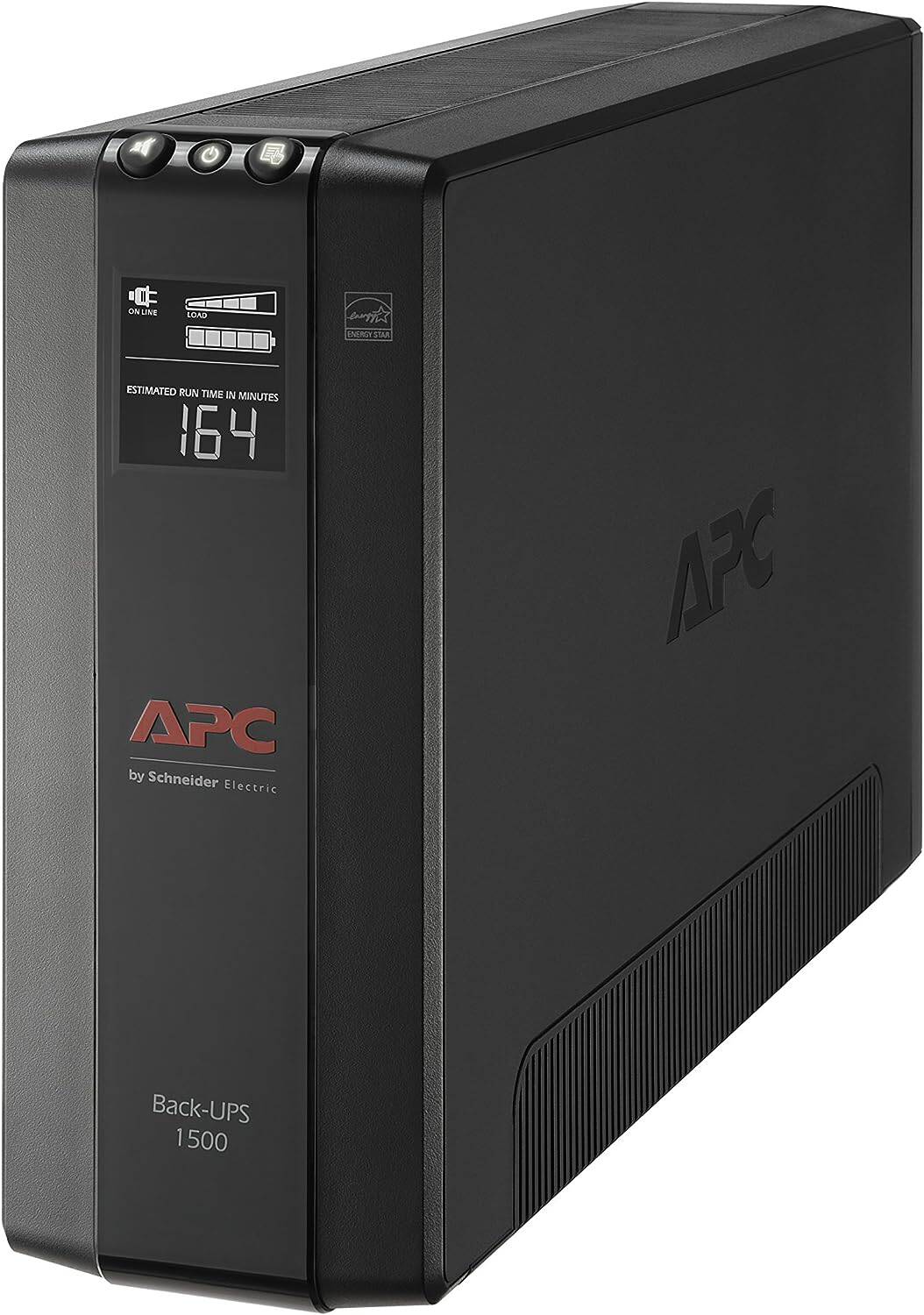 Black APC 1500VA UPS uninterruptible power supply unit with a digital display showing an estimated runtime of 164 minutes, providing reliable battery backup.