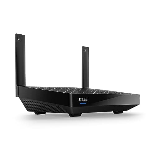 A black wireless router with two antennas.