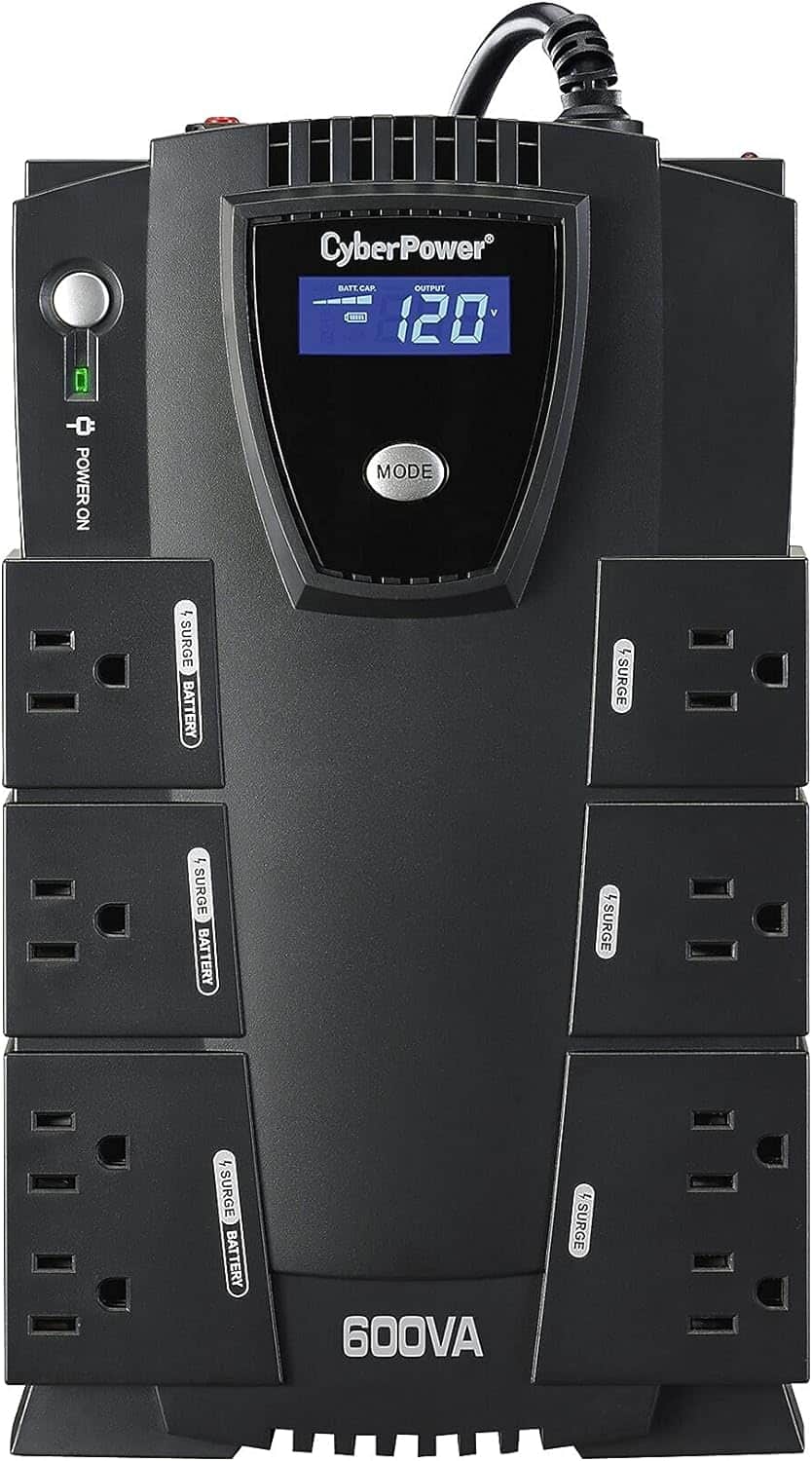 A black CyberPower UPS with a 750VA capacity features an LCD displaying "120," multiple outlets, and a green power indicator light.