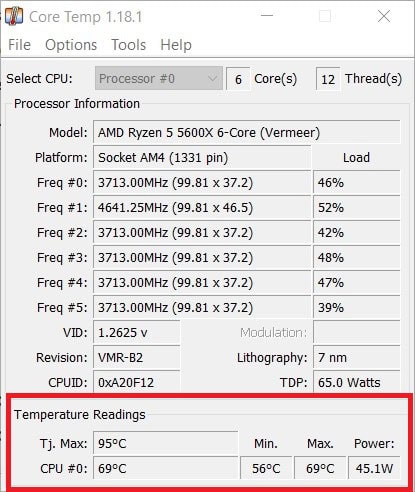 Screenshot of core temp application showing real-time CPU temperature and power usage data for an AMD Ryzen 5 5600X processor on Windows 11.