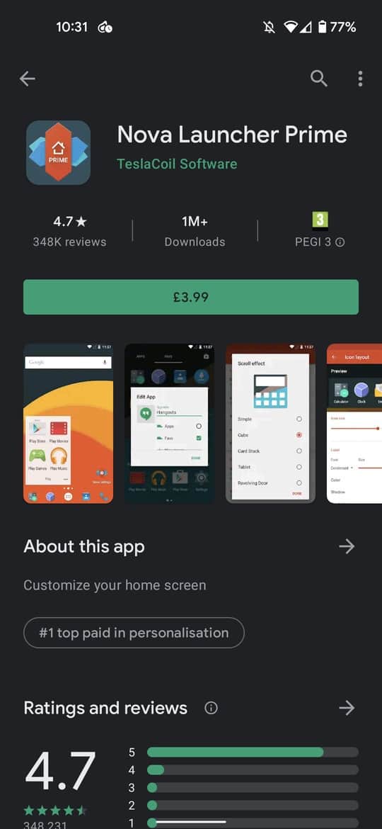 Nova launcher on Google Play Store