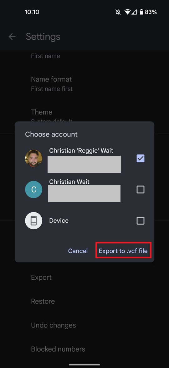 Choose Google account contacts to export