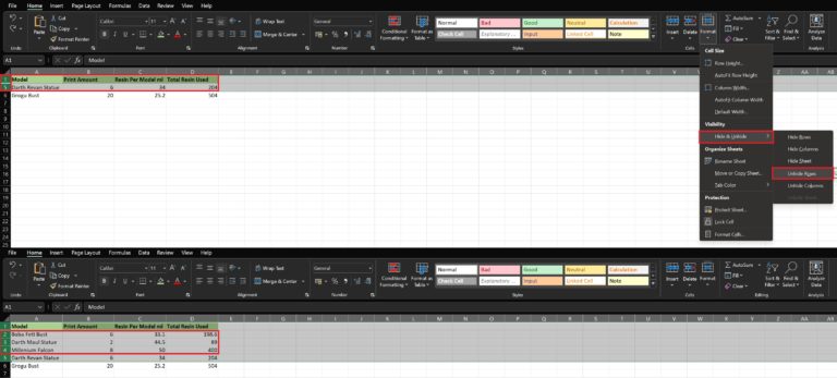 how to hide and unhide columns and rows in Excel