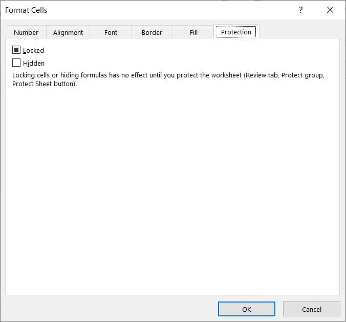 The "Format Cells" dialog box in Excel is open, displaying the "Protection" tab with options on how to lock cells in Excel or hide them. "Locked" is checked by default. Text explains that protection settings require worksheet protection to work.