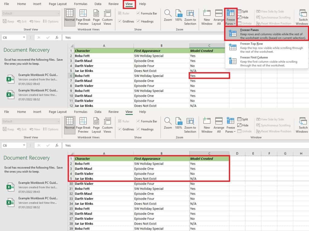 How to freeze a row in Excel 2