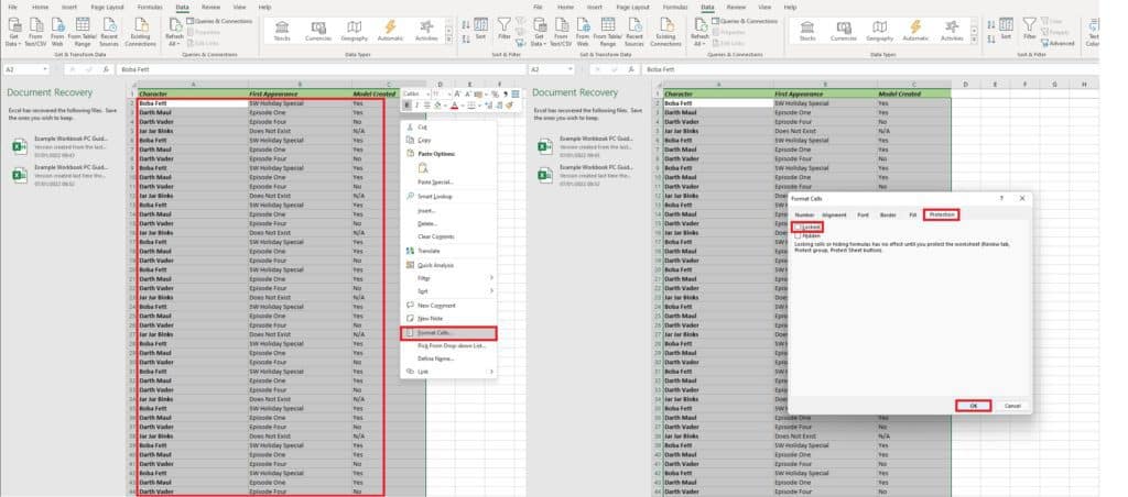 How to lock cells in Excel 2