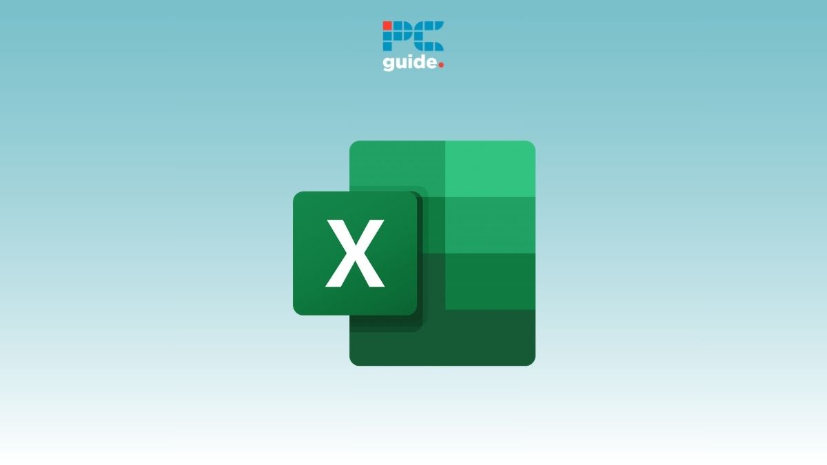 The image displays the Microsoft Excel logo on a gradient blue background, with the letters "PC guide" and a small dot above it, hinting at instructions on how to lock cells in Excel.