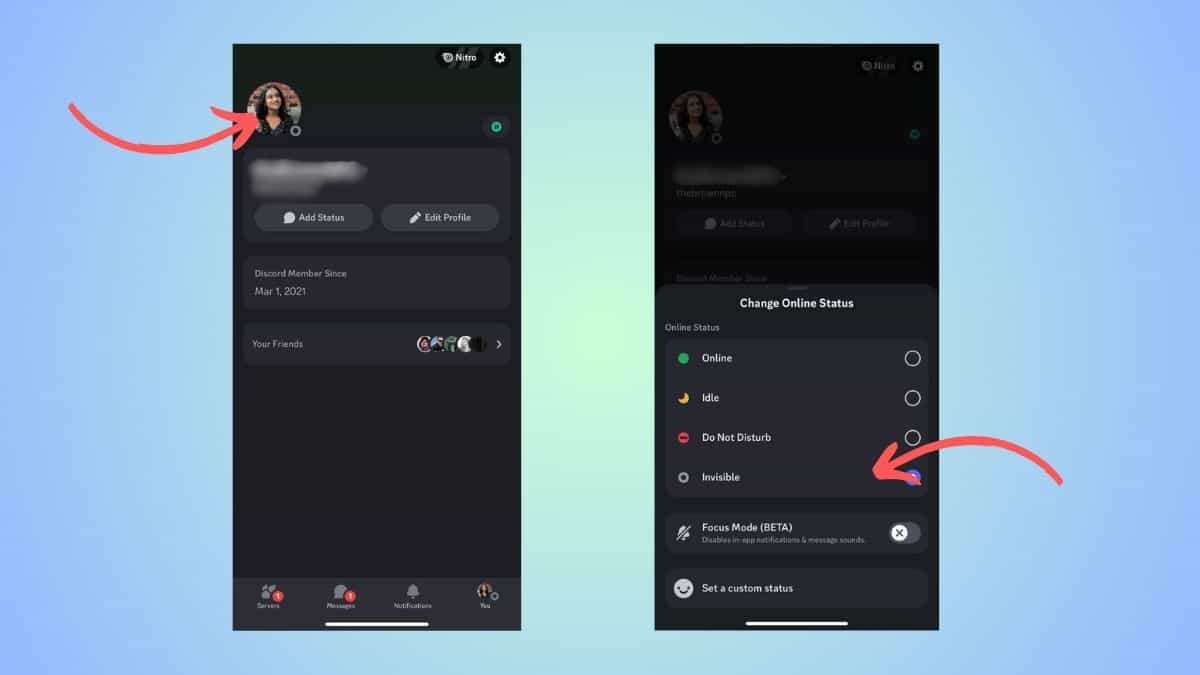 A step-by-step guide showing how to set 'invisible mode' in Discord mobile app .