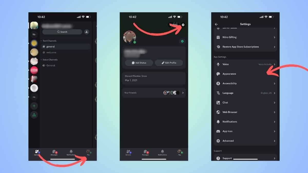 Screenshots showing steps on how to change theme in Discord