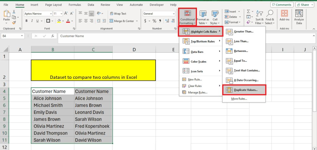 The image shows an open Excel spreadsheet with a column titled "customer name" next to another titled "alice johnson," prepared to compare columns. The "conditional formatting" dropdown menu in the toolbar is