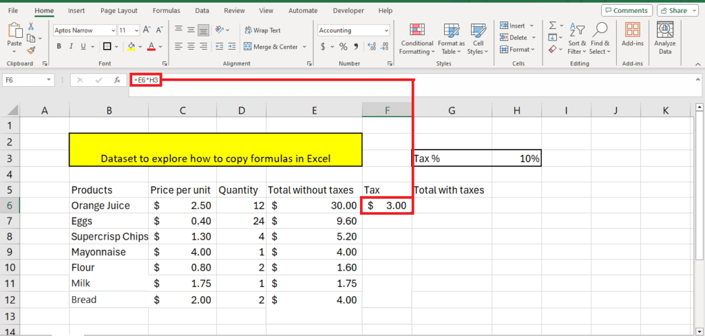 A screenshot of a Microsoft Excel spreadsheet with a dataset listing products, prices, quantities, total without taxes, and tax amount. The cell for the total with taxes for orange juice is selected and highlighted in