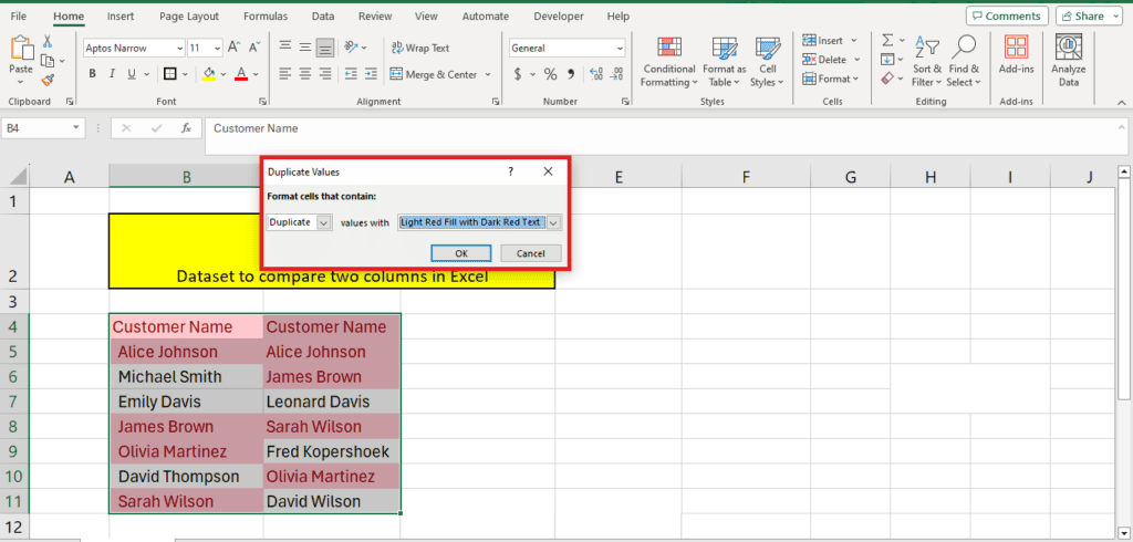 A screenshot of Microsoft Excel with an open dialog box titled "duplicate values" over a spreadsheet that highlights duplicate names in a column, illustrating how to compare columns in Excel for duplicate information.