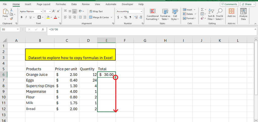 A screenshot of a microsoft Excel worksheet with a title that reads "dataset to explore how to copy formula in Excel," featuring a table with columns for products, price per unit, quantities, and total cost