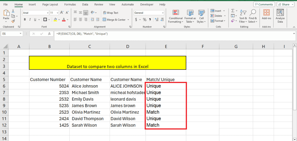 A screenshot of a Microsoft Excel spreadsheet with a dataset to compare columns, indicating whether names from the 'customer name' and 'customer name in excel' columns match or are unique. The comparison results.