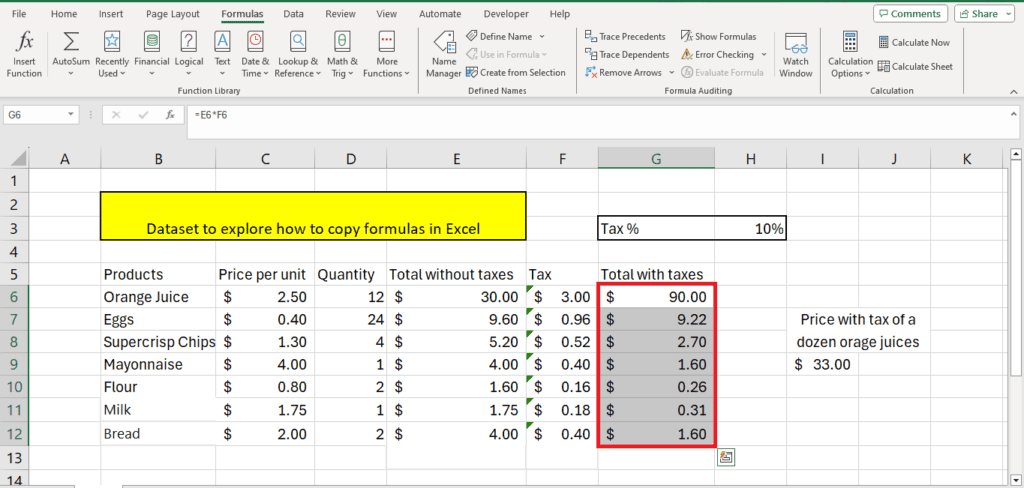 Spreadsheet in Microsoft Excel with a dataset illustrating how to copy formula in Excel, calculating unit prices, tax, and total with tax for various grocery items.