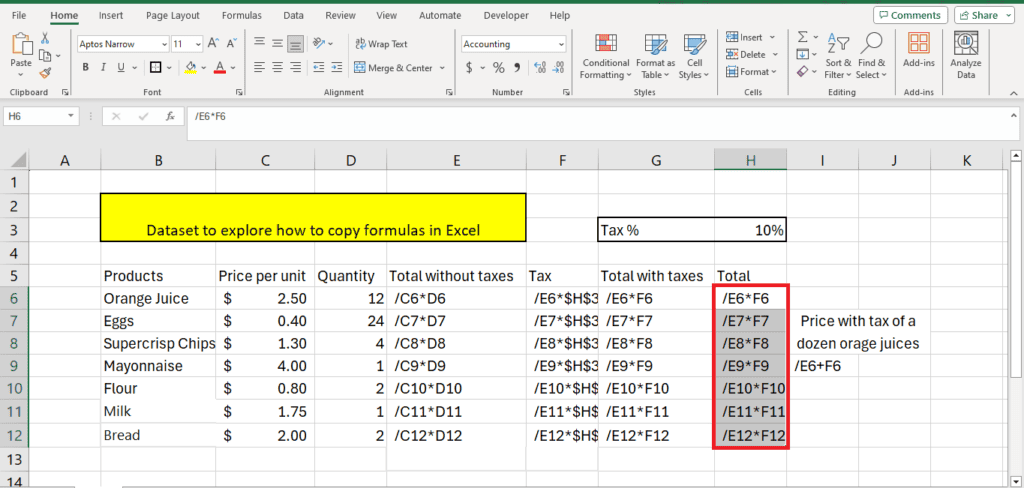 A screenshot of a Microsoft Excel spreadsheet with a sample dataset to demonstrate how to copy formula excel, featuring columns for product, unit price, quantity, total without taxes, tax, and total price.