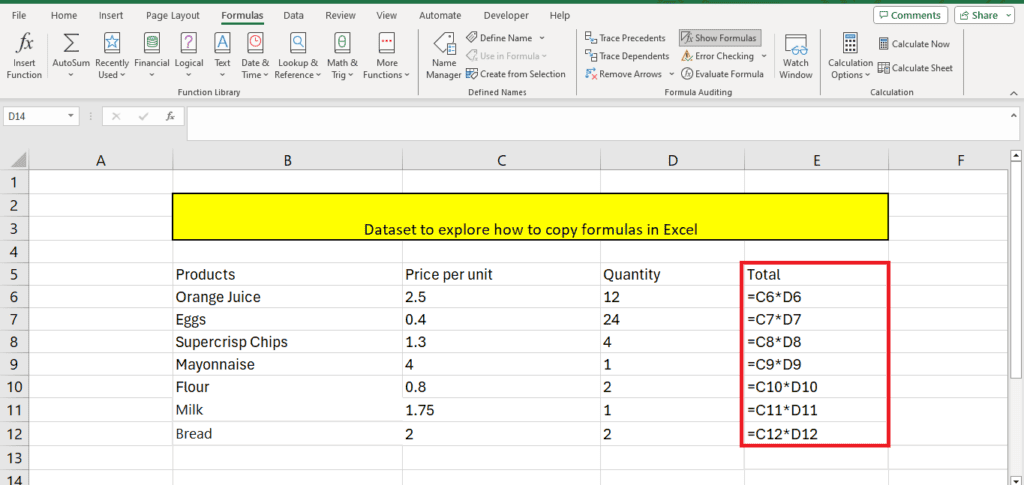 A screenshot of a Microsoft Excel spreadsheet with a dataset that includes items such as oranges, apple juice, and snacks, along with price per unit and quantity columns. It utilizes copy formula functionality in Excel to