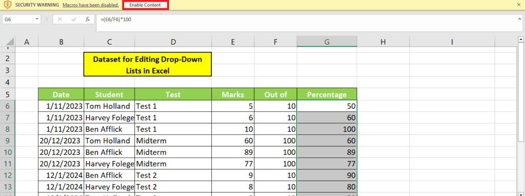 A spreadsheet with a number of columns and rows highlighted using Excel macros.