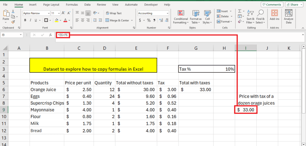 A screenshot of a Microsoft Excel spreadsheet showing a dataset with the copy formula being entered to calculate the total price with tax for a list of products. A cell is highlighted in red, and an arrow points