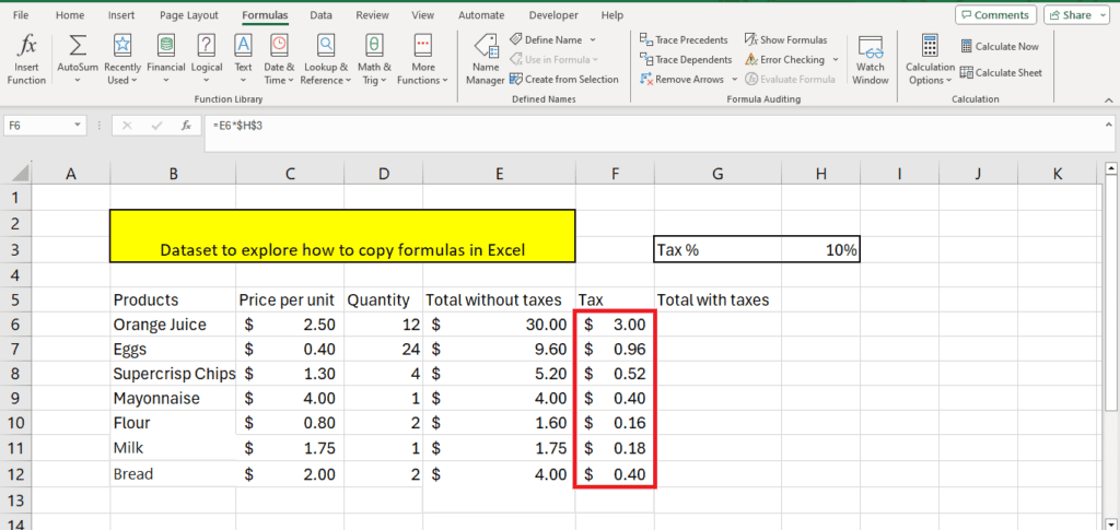 A screenshot of a Microsoft Excel spreadsheet displaying a dataset titled "Dataset to Explore How to Copy Formulas in Excel" with columns for product, price per unit, quantity, total without taxes, and tax