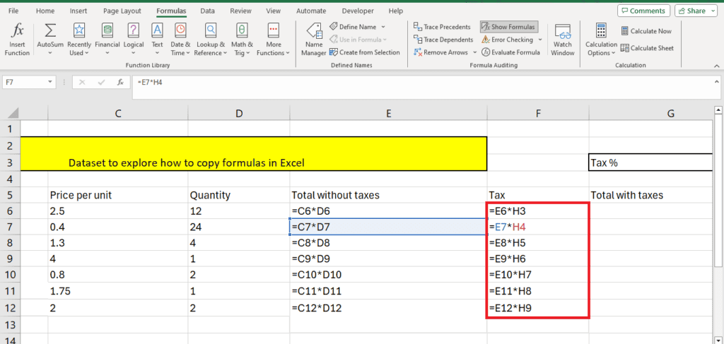 A screenshot of a Microsoft Excel spreadsheet with a dataset and formula calculations for quantity, total without taxes, and tax values, including how to copy formulas in Excel.