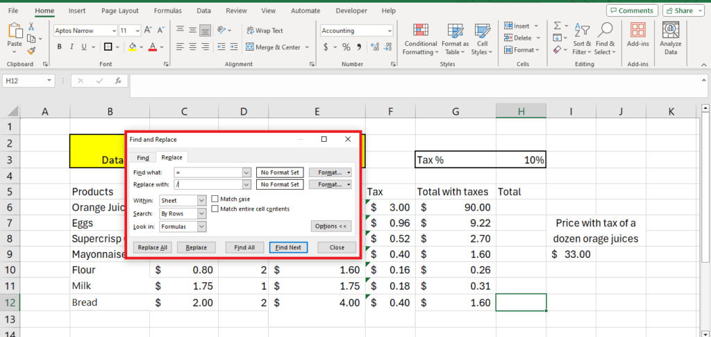 A screenshot of Microsoft Excel with an open 'find and replace' dialog box, a worksheet displaying a list of grocery items with their prices and taxes, including copy formula examples in Excel highlighted cells indicating a