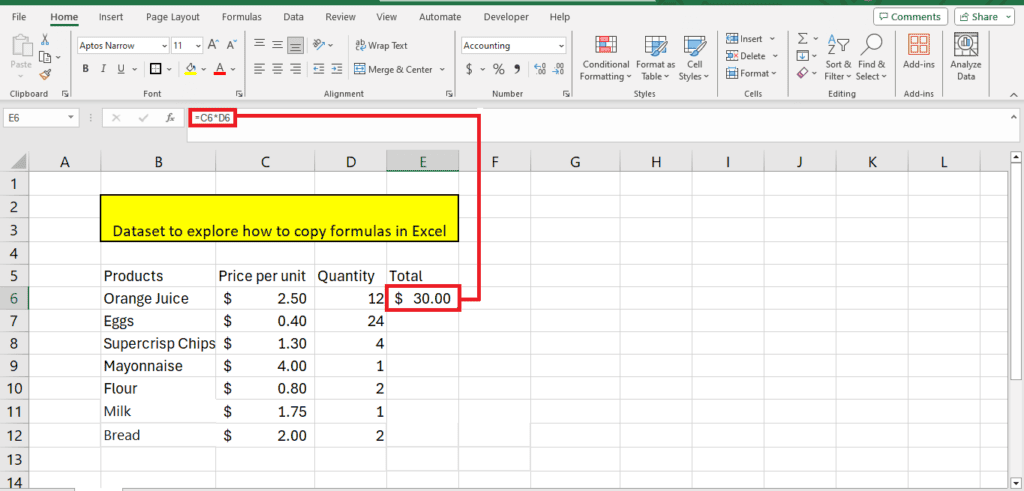 Screenshot of a Microsoft Excel spreadsheet showing a list of items with corresponding prices and quantities, with a copied cell formula result highlighted in red.