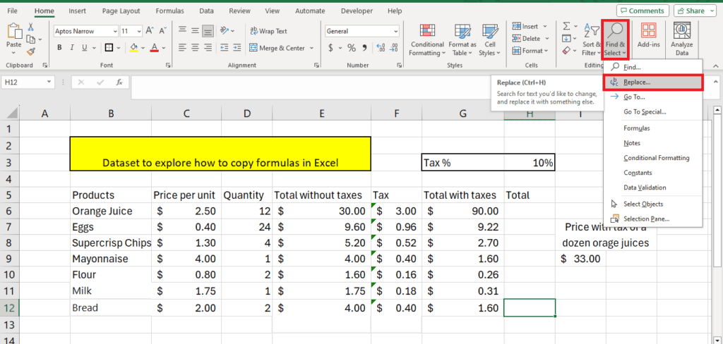 An excel spreadsheet is open with a dataset titled "dataset to explore how to copy formulas in Excel". The data includes items, prices, and quantities, with calculated tax and total columns.
