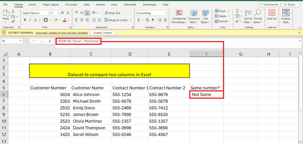 How to compare to columns in Excel