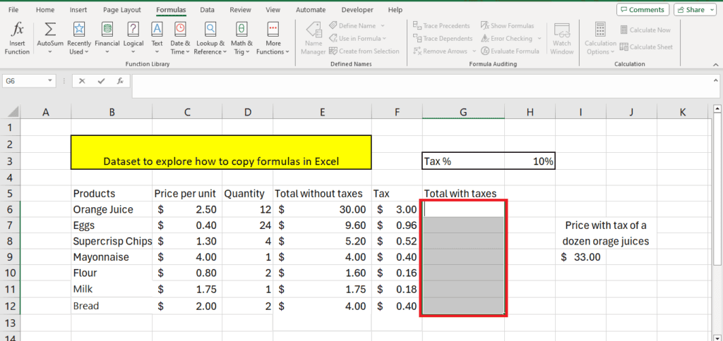 A screenshot of a Microsoft Excel spreadsheet with a dataset intended to demonstrate how to copy formulas in Excel, including columns for products, price per quantity, quantity without taxes, tax, and total price with taxes