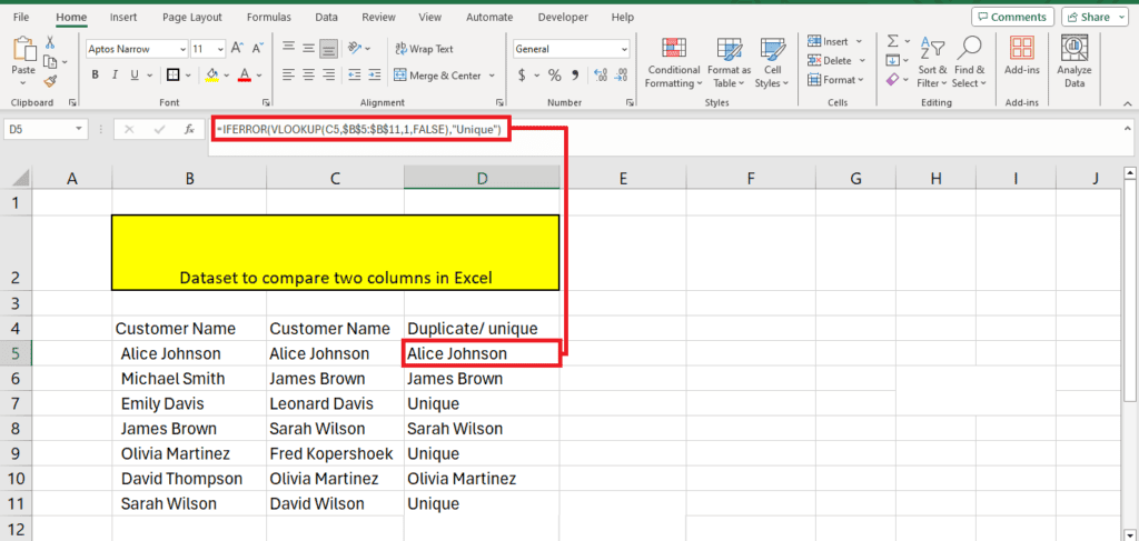 The image displays a Microsoft Excel spreadsheet with a dataset to compare columns labeled "customer name" and "alice johnson duplicate." An error in a cell is highlighted, indicated by a formula error "#ERROR