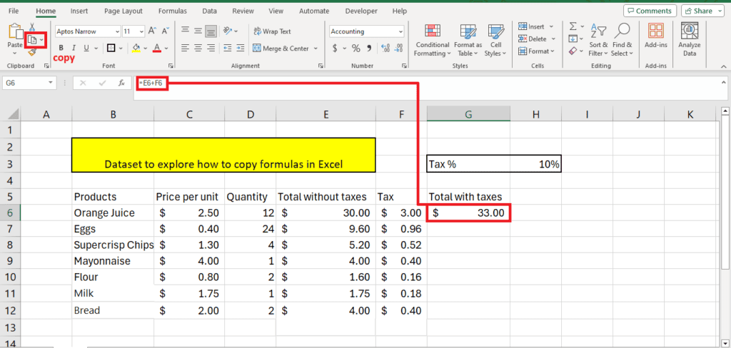A screenshot of a Microsoft Excel spreadsheet showing a dataset of products with their prices and quantities, along with formulas and copy formula functionality calculating totals and taxes.