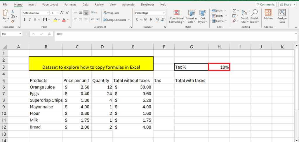 An Excel spreadsheet is shown with a table containing a dataset which includes columns for products, price per unit, quantity, total without tax, and total with tax. A cell is highlighted in yellow indicating '