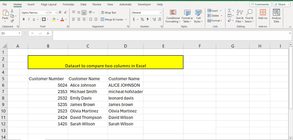 A screenshot of an excel spreadsheet showing how to compare columns in Excel, with a table titled "dataset to compare two columns," featuring a list of customer numbers with corresponding customer names in two separate columns,