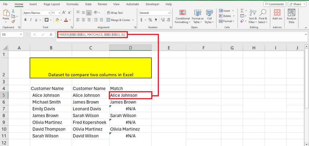 A screenshot of microsoft excel with a dataset titled "compare columns excel." The worksheet shows two columns of customer names with a third column using a formula to find matches between the first two.