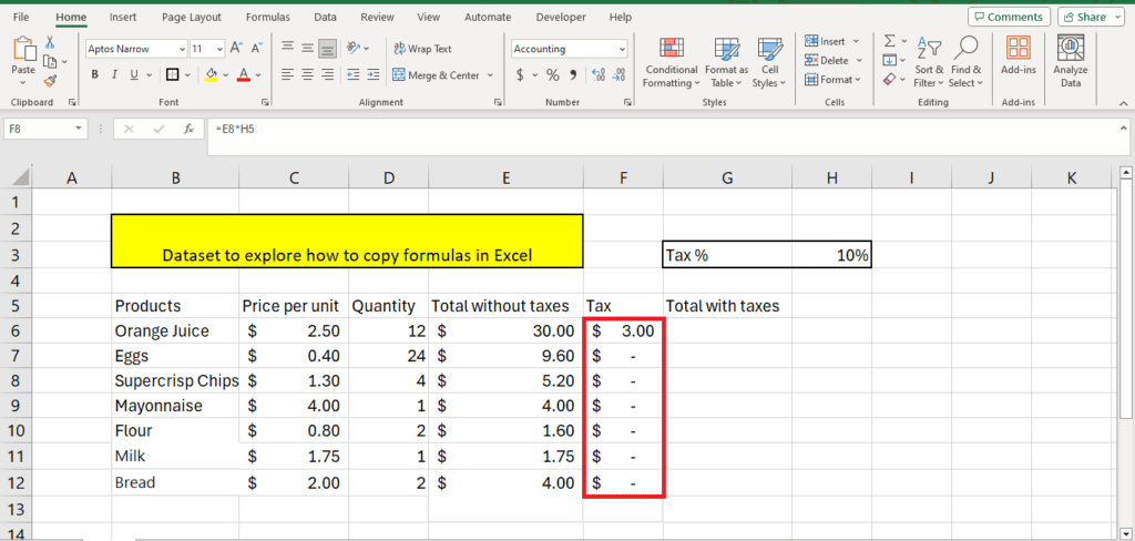 A screenshot of a microsoft excel spreadsheet with a dataset including products and prices, showing an example of how to copy formulas across cells. The formula for calculating tax is visible, demonstrating how to copy formula excel