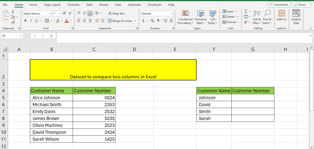 A screenshot of a Microsoft Excel spreadsheet with a title in cell B2 stating "dataset to compare columns in Excel," containing two sets of columns labeled "customer name" and "customer number.