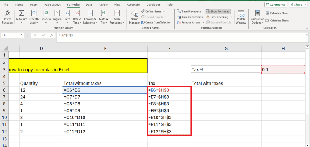 A screenshot of a Microsoft Excel spreadsheet showcasing a list of quantities and prices with formulas to copy and calculate the total cost, including a tax calculation using absolute cell referencing.