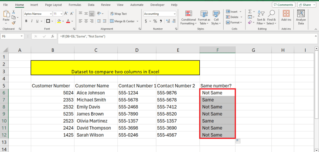 A screenshot of an Excel spreadsheet with a dataset to compare columns of contact numbers, highlighting matches and mismatches with conditional formatting.