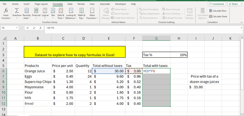 A screenshot of a Microsoft Excel spreadsheet with a table containing a list of products, prices per unit, quantity, total without tax, and tax calculations. The cell with a formula to calculate the total with