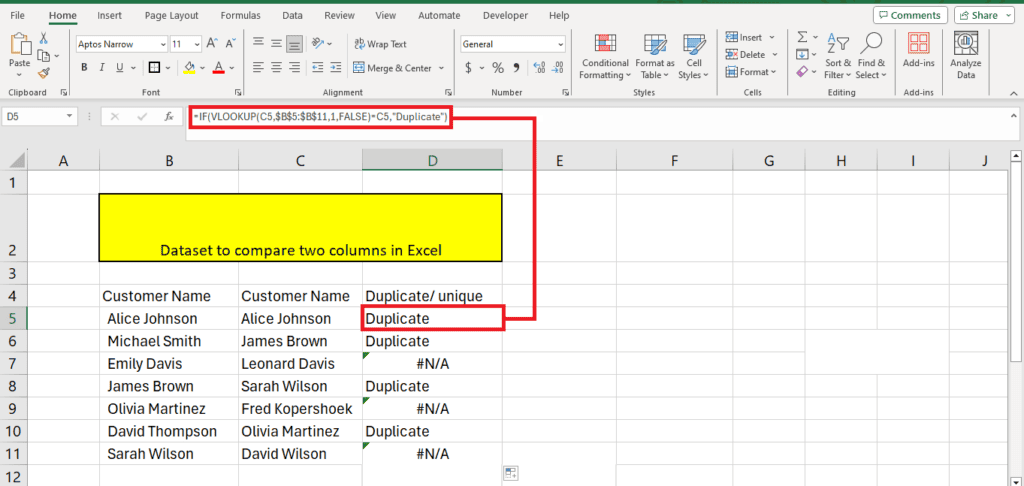 How to compare columns in Excel.