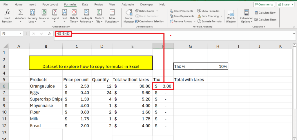 A screenshot of a Microsoft Excel spreadsheet containing a simple dataset and formulas, with annotations highlighting the copy formula in the formula bar and a cell containing a formula for a tax calculation.
