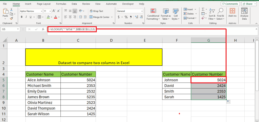 An Excel spreadsheet is displayed with a title "compare columns in Excel to identify duplicates". It shows two columns labeled 'customer name' and 'customer number', with a third set of columns highlighting duplicates from