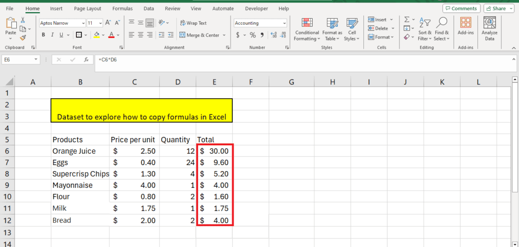 A screenshot of a Microsoft Excel worksheet with a data set titled "dataset to explore how to copy formula in Excel," featuring columns for products, prices, quantity, and totals, with some cells displaying calculations