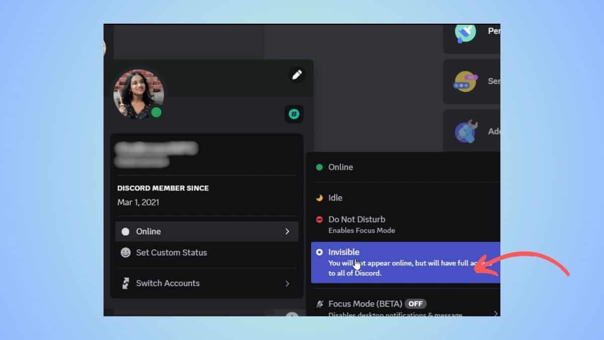 A screenshot highlighting the "appear offline" status option on a discord user interface.