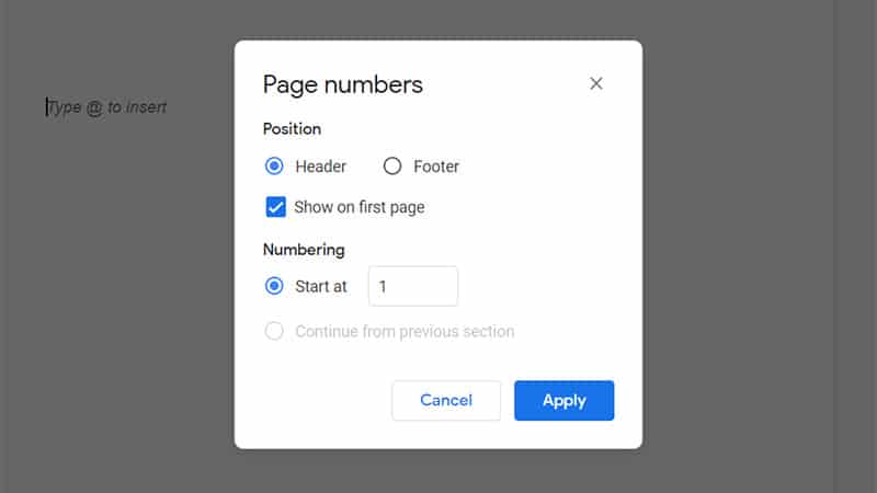 page number option